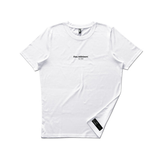 White printed Out There Organic Tee overlaid a white background.