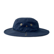 Side view of Navy Out There Brim Hat overlaid a white background